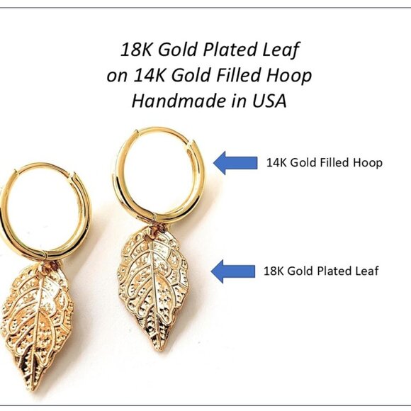 Gold Leaf Hoop Earrings 14K Gold Filled Hoops Handmade in USA - Picture 3 of 4